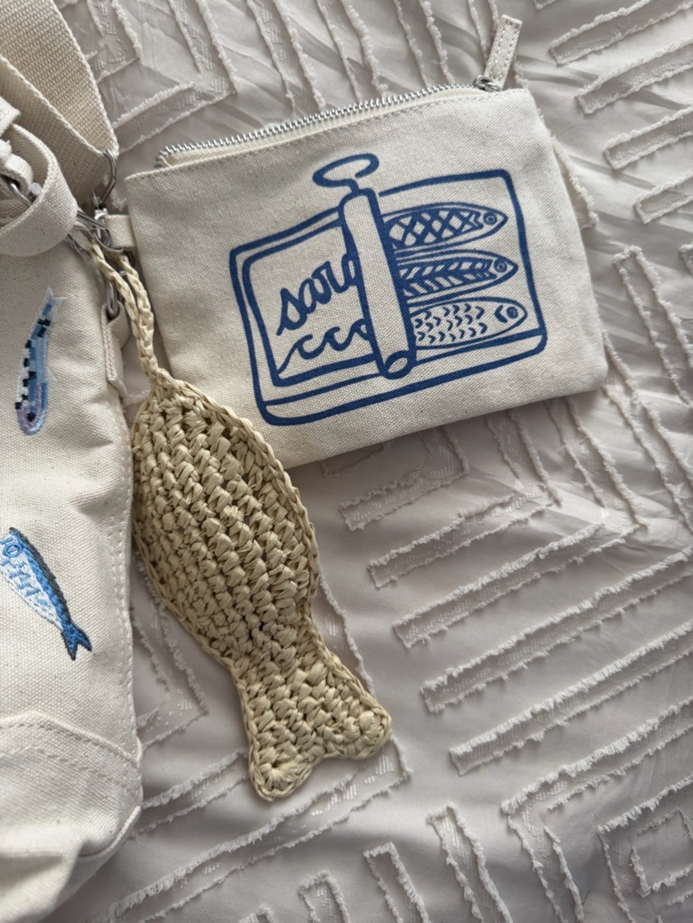 C&C California Embroidered Fish Canvas Tote in Natural with Blue Accents - Picture 3 of 8
